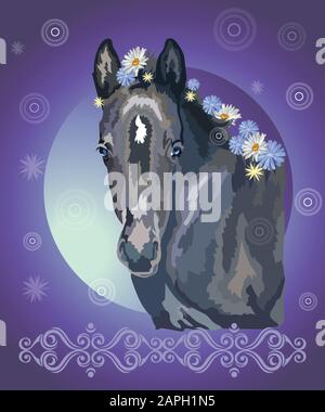 Drôle de mousse noire, vecteur coloré réaliste illustration. Portrait de petit cheval avec fleurs en mane isolé sur fond de gradient bleu avec orn Illustration de Vecteur