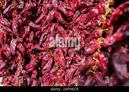 Cordes de poivrons rouges séchés, les vendeurs la vendent comme ceci dans les rues de Grenade. Banque D'Images