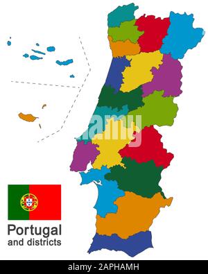 Pays européen Portugal et districts en détail Illustration de Vecteur