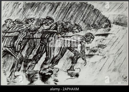 Le siècle du moteur. Juifs pour une voiture lourde à Buchenwald. Dessin d'Henri Pieck Date : 28 décembre 1945 lieu : Buchenwald mots clés : camps de concentration, deuxième Guerre mondiale Nom De La Personne : Pieck, Henri Banque D'Images