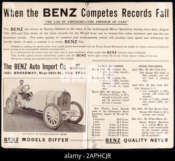 Voiture ancienne, dépliant publicitaire automobile Benz, voiture automobile, Quand la Benz concurrence des records chute, La voiture Benz conduite par Barney Oldfield, Oldfield dans la fabrication des enregistrements Benz, photographie, 1909 Banque D'Images