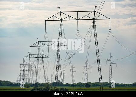 Un certain nombre de pôles électriques haute tension sur le terrain. Photo ci-dessous. Graphique d'arrière-plan du ciel. Banque D'Images