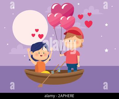 couple heureux avec des ballons de coeur en canoë en bois, design coloré Illustration de Vecteur