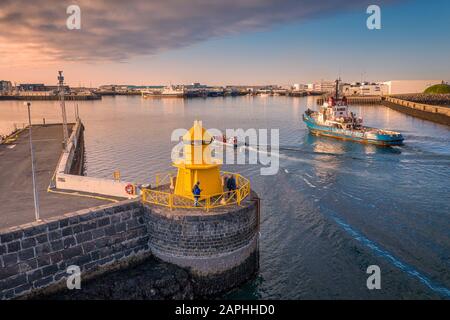 Phare, observation des baleines et bateau de pêche, Reykjavik, Islande Banque D'Images