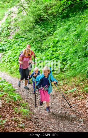 Junge Familie mit kleinen Kindern beim Wandern in den Bergen Banque D'Images