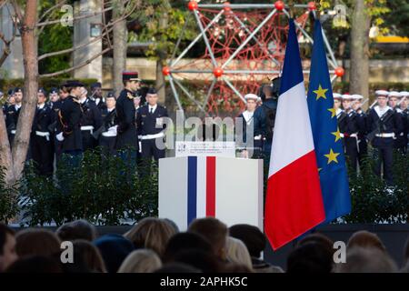 Impressionen von der Einweihung des Kriegsdenkmals für Frankreich (OPEX) im Eugénie-Djendi-Garten im André-Citroën-Park. Paris, 11.11.2019 Banque D'Images