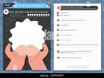 Jeu éducatif pour les enfants et les adultes sur l'étude de l'intelligence émotionnelle. L'équipe attire votre crainte sous la forme d'un personnage et lui demander le fol Illustration de Vecteur