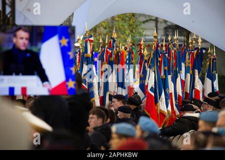 Impressionen von der Einweihung des Kriegsdenkmals für Frankreich (OPEX) im Eugénie-Djendi-Garten im André-Citroën-Park. Paris, 11.11.2019 Banque D'Images