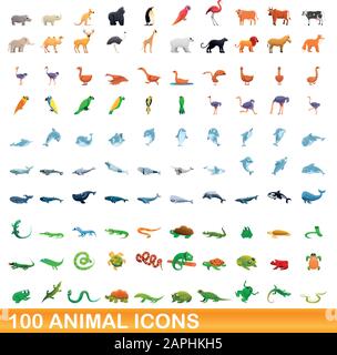 100 icônes d'animaux fixés. Cartoon illustration de 100 icônes animales vector set isolé sur fond blanc Illustration de Vecteur