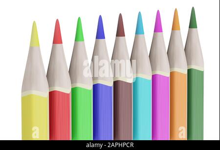 9 crayons colorés isolé sur fond blanc. Le rendu 3D Banque D'Images
