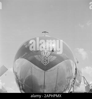 Schiphol et identité corporative KLM Description: Le nez d'un KLM Convair 240 avec l'emblème KLM sous le projecteur de l'aéroport de Schiphol Date: Août 1951 lieu: Noord-Holland, Oud-Schiphol mots clés: Emblèmes, logos, avions, aéroports Banque D'Images