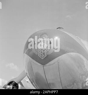 Schiphol et identité corporative KLM Description: Le nez d'un KLM Convair 240 avec l'emblème KLM sous le projecteur de l'aéroport de Schiphol Date: Août 1951 lieu: Noord-Holland, Oud-Schiphol mots clés: Emblèmes, logos, avions, aéroports Banque D'Images