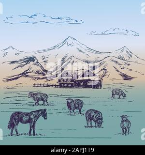 Petite maison de campagne dans les montagnes avec troupeau de moutons et cheval sur les collines, gribouille dessinée à la main, croquis, illustration Banque D'Images