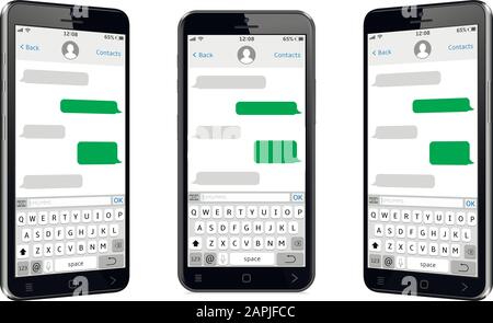 Téléphones mobiles différentes vues avec écran de discussion sms Illustration de Vecteur