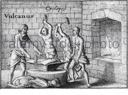 Roman god Vulcan, God of Fire, avec CYCLOPES, gravure de Venceslaus Hollar, un gratard de Bohême, datant des années 1600 Banque D'Images