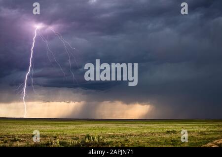 Paysage pittoresque des grandes plaines avec un puissant nuage à terre éclair coups de boulon d'un orage violent près de Texline, Texas, États-Unis Banque D'Images