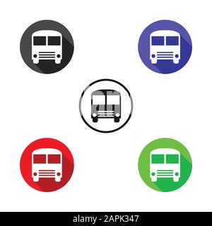 Conception d'icône de bus, illustration d'un bouton rond d'application à ombre longue avec une icône de bus Illustration de Vecteur