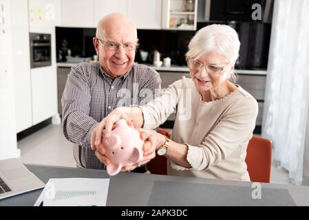 Le couple senior essaie de tirer les économies de la banque de porc Banque D'Images