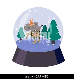 La souris est drôle de skate sur la glace. Boule de neige avec arbre de Noël. Rat de dessin animé en sweat-shirt et chapeau d'orange. Caractère insouciant pour cartes, affiches, imprimés sur tissu. Illustration vectorielle. Divertissement en hiver. Illustration de Vecteur
