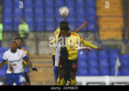 Birkenhead, Royaume-Uni. 23 janvier 2020. Joseph Hungbo de Watford dirige la balle. The Emirates FA Cup, 3ème match de replay, Tranmere Rovers / Watford à Prenton Park, Birkenhead, Wirral le jeudi 23 janvier 2020. Cette image ne peut être utilisée qu'à des fins éditoriales. Utilisation éditoriale uniquement, licence requise pour une utilisation commerciale. Aucune utilisation dans les Paris, les jeux ou une seule édition de club/ligue/joueur.pic par Chris Stading/Andrew Orchard sports photographie/Alay Live News crédit: Andrew Orchard sports photographie/Alay Live News Banque D'Images