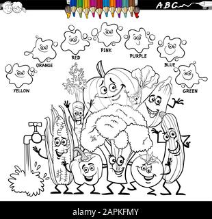 Black And White Cartoon Illustration Of Basic Colors Feuille De Travail Pédagogique Avec Légumes Frais Caractères Groupe Coloring Book Page Illustration de Vecteur