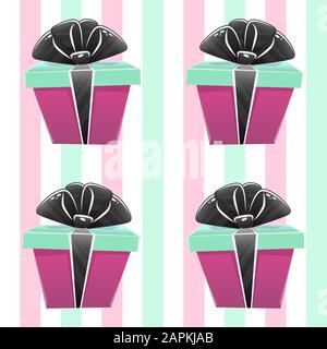 Boîte cadeau motif sans couture avec boîtes en ruban noeud célébration surprise anniversaire papier d'emballage ou textile décor reproductible , lignes vectorielles carto Illustration de Vecteur
