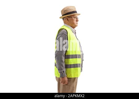 Homme âgé avec gilet de sécurité isolé sur fond blanc Banque D'Images