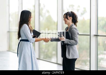 Deux femmes d'affaires heureux se secouent les mains à la fenêtre Banque D'Images