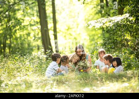 Professeur assis en forêt avec des enfants d'école, racontant des histoires Banque D'Images