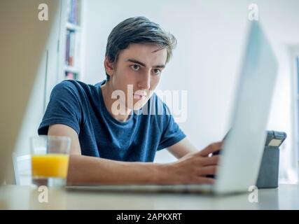 Un adolescent concentré utilisant un ordinateur portable et une tablette sur une table à la maison Banque D'Images