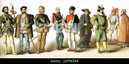 Les chiffres représentent des hommes espagnols de A.D. 1500-1600. Ils sont de gauche à droite: Ferdinand Cortez (mort 1547); Don Louis Quijada, général de Charles V (mort 1570); Don Jean d'Autriche (mort 1578); duc d'Alva (mort 1582); noble; jésuite; soldat; paysan goyen; costume du peuple commun. L'illustration date de 1882. Banque D'Images