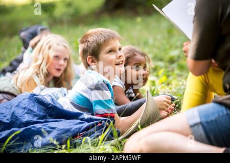 Professeur de lecture de l'histoire aux enfants de l'école, camping dans la forêt Banque D'Images