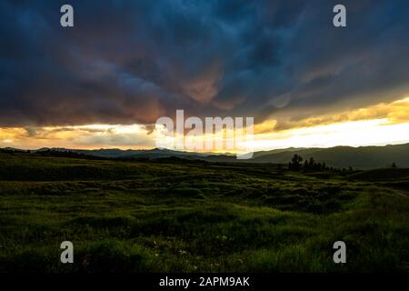 Coucher De Soleil Doré Sur Rolling Hills Dans La Nature Sauvage De Yellowstone Banque D'Images