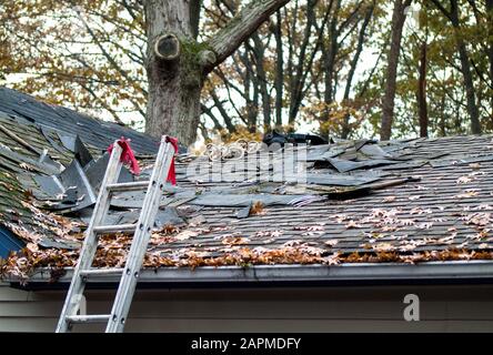 une échelle penche contre une maison où les vieux bardeaux sont déchirés pour faire place à un nouveau toit Banque D'Images