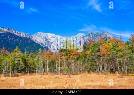 L'étang de Taisho a une belle surface qui reflète les montagnes de Hotaka, et avec des paysages environnants symbolisant le parc national de Kamikochi. Banque D'Images