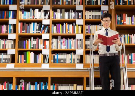 Le professeur bibliothécaire se tenant sur les escaliers pour rechercher des connaissances, lire le livre dans la bibliothèque. Banque D'Images