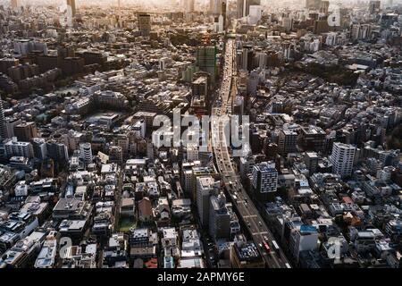 Tokyo, JAPON - 27 mars 2019 : vue aérienne de la ligne et de la ville de Shibuya de la Metropolitan Expressway n°3, vue depuis la tour Mori des collines de Roppongi. Banque D'Images