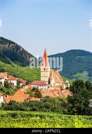 Église paroissiale devant les vignes, Weissenkirchen dans la Wachau, Basse-Autriche, Autriche Banque D'Images