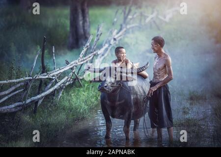 Famille paysanne, Père et fils avec un buffle ce style de vie thaïlandais peuple dans La Campagne Thaïlande. Banque D'Images