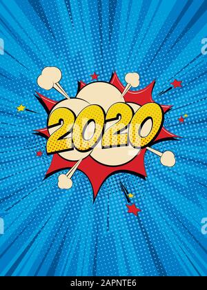 Nouvelle année 2020 pop art bande dessinée fond éclair points demi-tons souffle. Illustration vectorielle en bleu Illustration de Vecteur