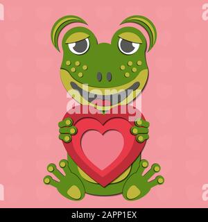 Un dessin vectoriel de Saint-Valentin d'une jolie grenouille en papier découpée tenant un cœur rouge dans ses pattes. L'animal est vert sur un fond rose. Illustration de Vecteur