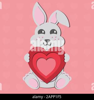 Un dessin vectoriel de jour de valentines d'un joli lapin en papier découpés tenant un cœur rouge dans ses pattes. L'animal est gris sur un fond rose. Illustration de Vecteur