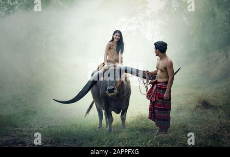 Couple fermier en costume d'agriculteur avec du buffle sur les champs Banque D'Images