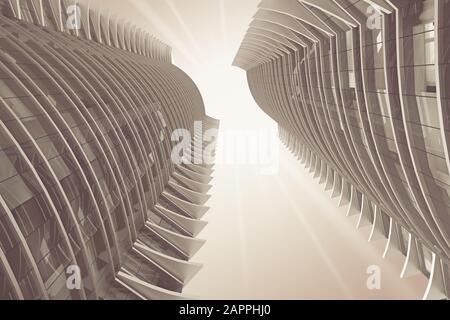 Deux gratte-ciel identiques dans la vue de dessous de teinte grise. rendu tridimensionnel Banque D'Images