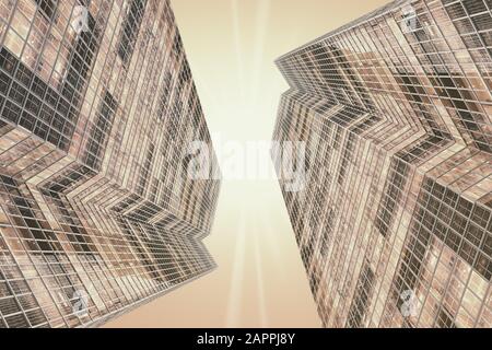 Deux gratte-ciel en teinte marron Vue de dessous. Le rendu 3D Banque D'Images