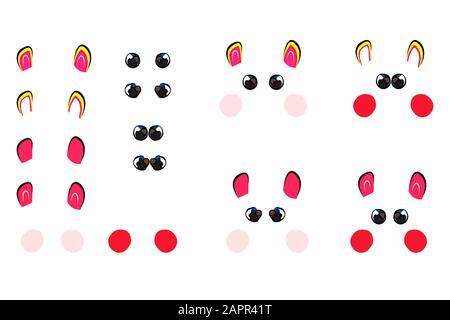 Les pièces isolées font face à des animaux caractère numérique illustration du dessin manuel. Ensemble conceptuel abstrait de détails visage d'animal sont oreilles, yeux, joues. Banque D'Images
