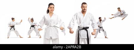 Hommes et femmes dans des kimonos carats debout devant des hommes et des femmes pratiquant des arts martiaux isolés sur fond blanc Banque D'Images
