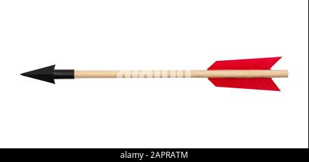 Flèche avec plumes rouges et Arrowhead métal découpé sur blanc. Banque D'Images
