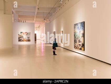 Petite fille regardant une peinture par Adrian Ghenie lors d'une exposition de son travail dans le Centro de Arte Contemporáneo, Malaga, province de Malaga, Costa Banque D'Images