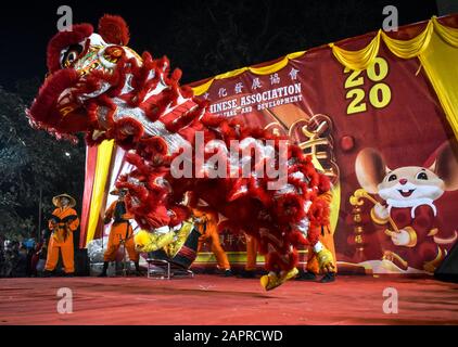 Des artistes qui ont fait la danse du Dragon à l'occasion du festival du nouvel an chinois à Kolkata, en Inde. Banque D'Images